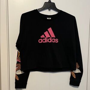 Adidas Black Sweatshirt with Pink Logo and Patterned Sleeves